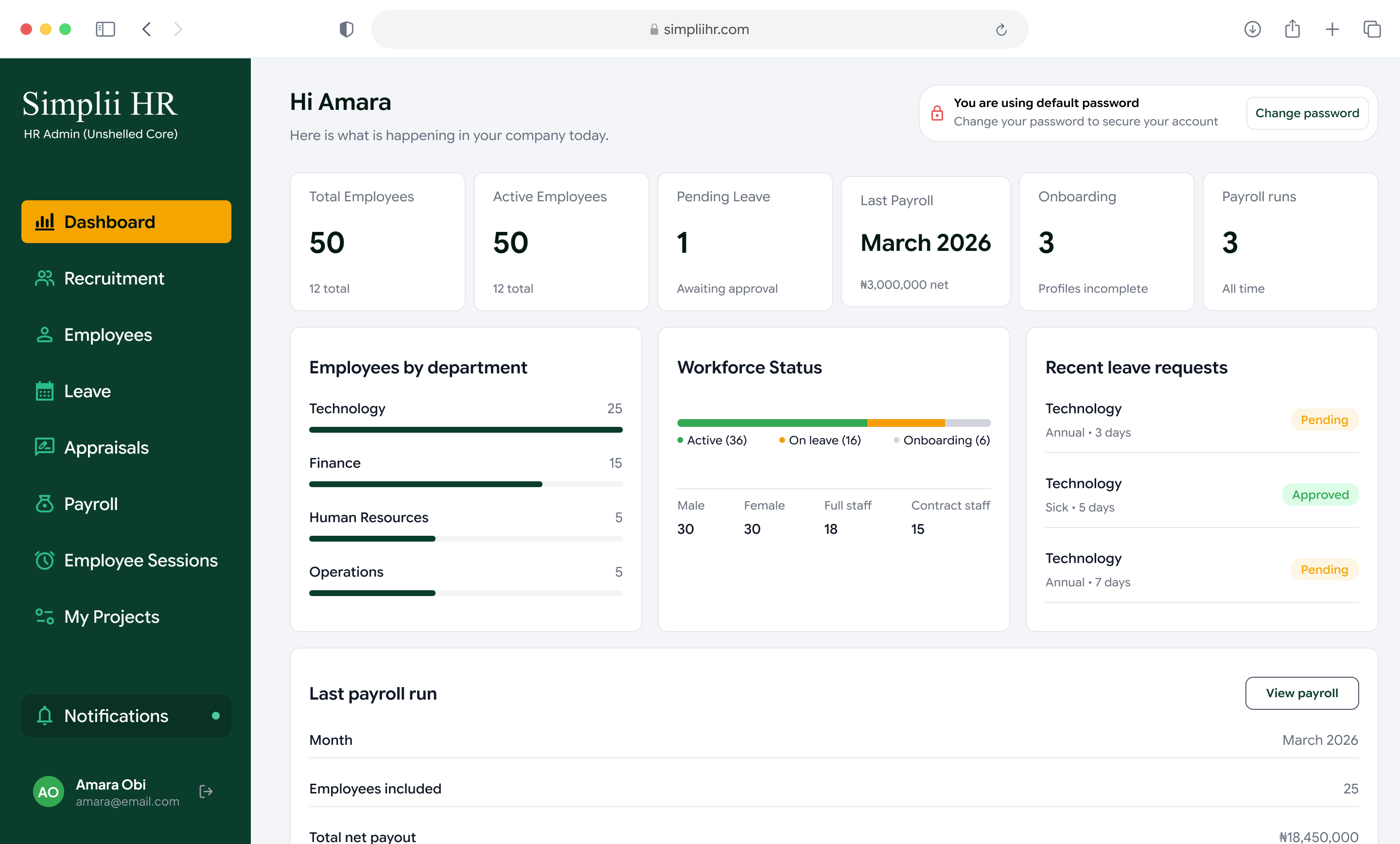 Simplii HR dashboard showing employee, attendance, leave and approval summaries
