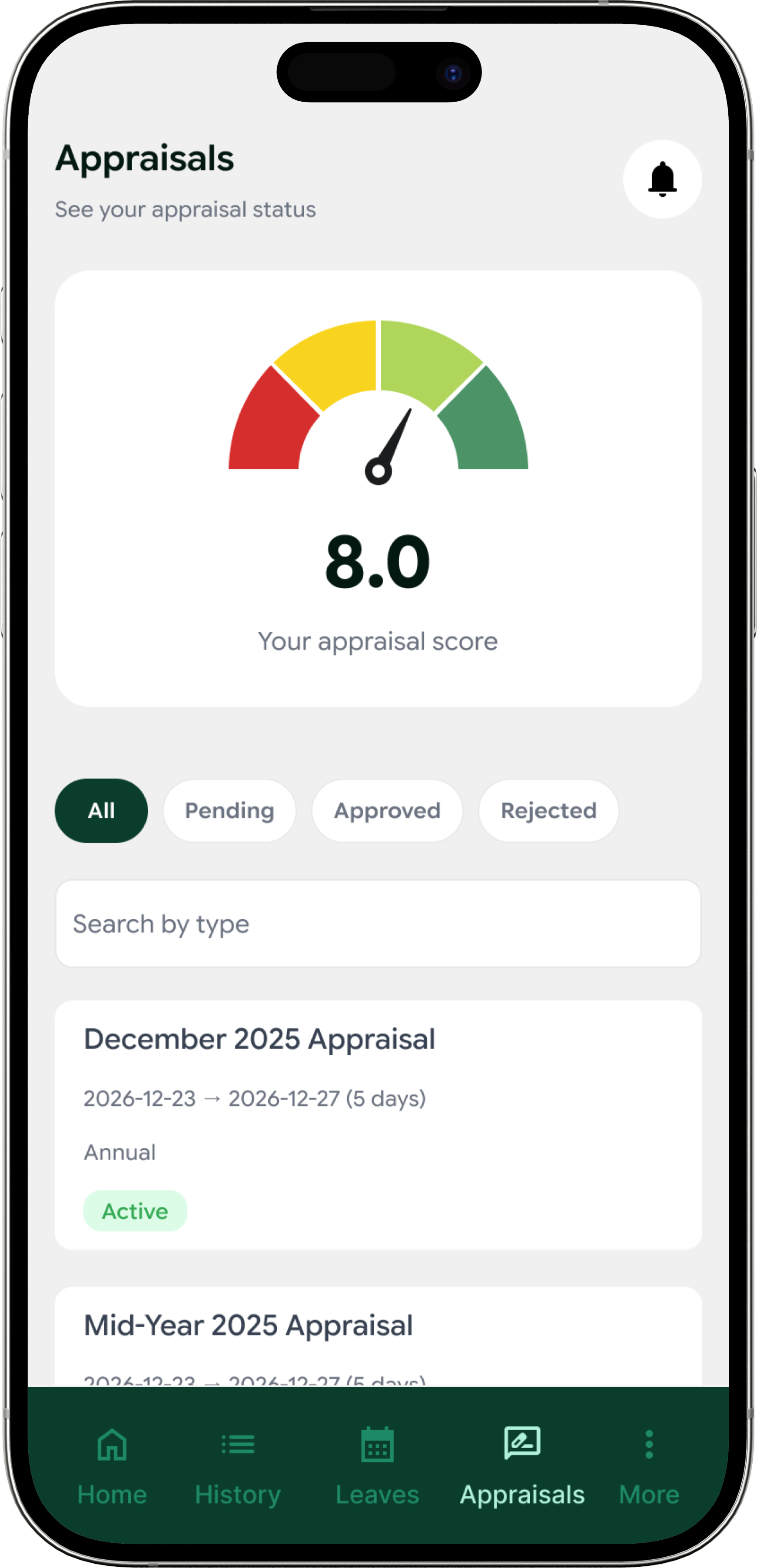 Simplii HR mobile app showing an appraisal score and appraisal history