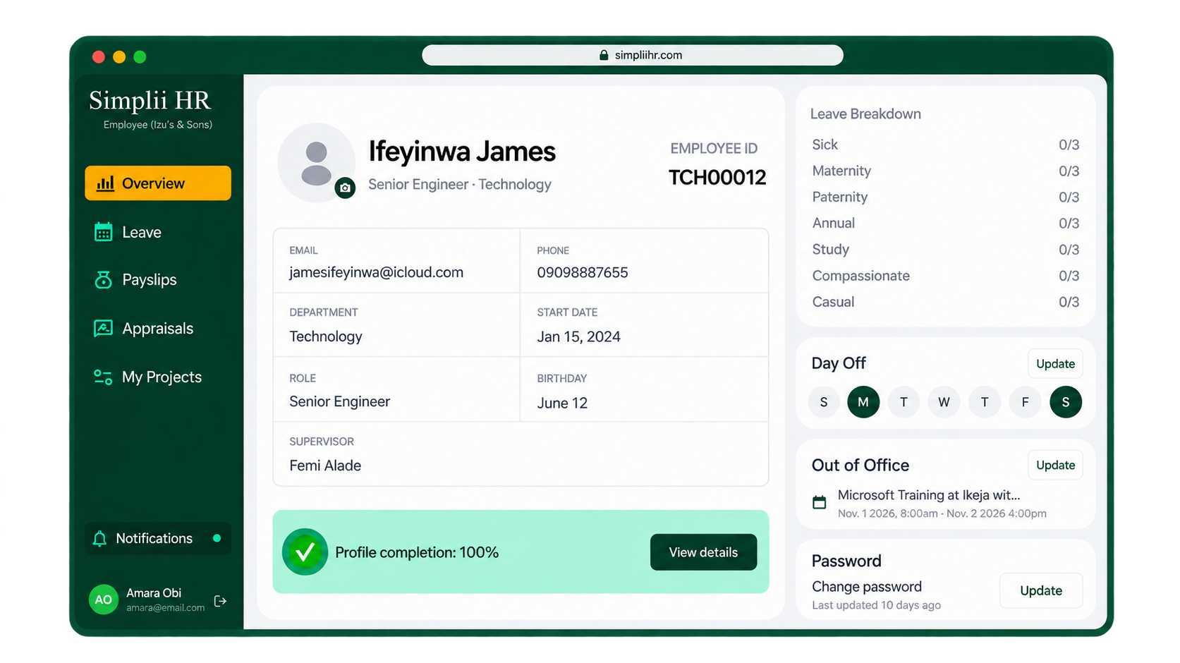 Employee profile with employment information and records